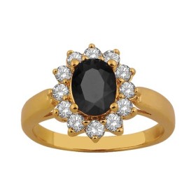 BAGUE PIERRE CENTRALE NOIRE CONTOUR PIERRES BLANCHES PLAQUE OR