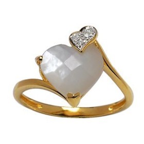 BAGUE COEUR NACRE BLANCHE FACETE + COEUR PIERRES BLANCHES PLAQUE OR