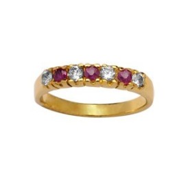 BAGUE PLAQUE OR ALLIANCE DEMI RAIL PIERRES SYNTHETIQUES ROUGES ET BLANCHES