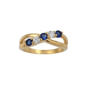 BAGUE PLAQUE OR CROISE 5 PIERRES BLANCHES ET BLEU