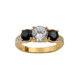 BAGUE PLAQUE OR 2 PIERRES NOIRES PIERRE CENTRALE BLANCHE SYNTHETIQUES