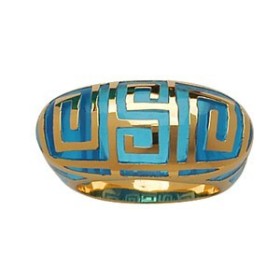 BAGUE DESSIN ETHNIQUE BLEU PLAQUE OR