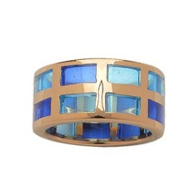 BAGUE PLAQUE OR ET RESINE QUADRILLAGE BLEU