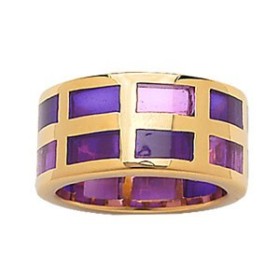 BAGUE PLAQUE OR ET RESINE QUADRILLAGE MAUVE