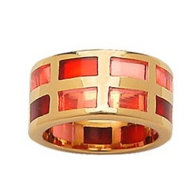 BAGUE PLAQUE OR ET RESINE QUADRILLAGE ROSE