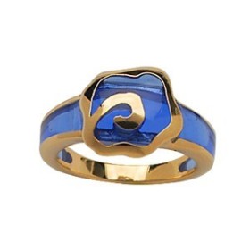 BAGUE PLAQUE OR ET RESINE MOTIF FLEUR BLEUE