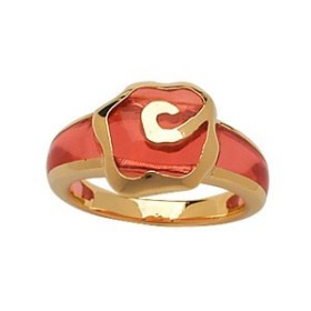 BAGUE PLAQUE OR ET RESINE MOTIF FLEUR ROSE