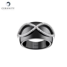 Bague Bombée Ceramique Noire Lisse, Motif Infini Argent et Oxydes de Zirconium