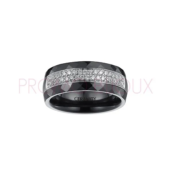 Bague Céramique Noire - Rail Argent/Oxydes de Zirconium -