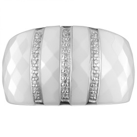 Bague Bombée Ceramique Blanche Facettée, Trois Rails Argent et Oxydes de Zirconium