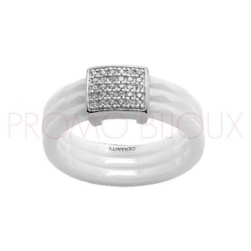 Bague Céramique Blanche - Facettée - 1 Tête Carré Argent/Oxydes