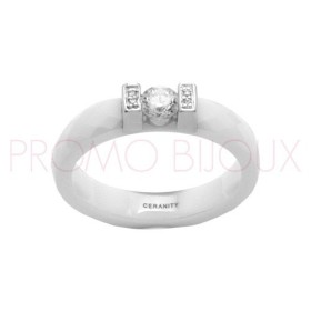 Bague Céramique Blanche - Facetté - 1 Tête Carré Argent/Oxydes