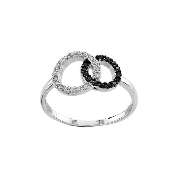 BAGUE ARGENT RHODIE DOUBLE CERCLE ENTRELACE PIERRES BLANCHES ET NOIRES SYNTH  064665N