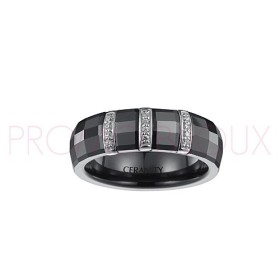 Bague Céramique Noire - Facettée - 3 Barrettes Argent/Oxydes -
