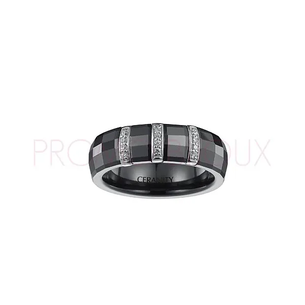 Bague Céramique Noire - Facettée - 3 Barrettes Argent/Oxydes -