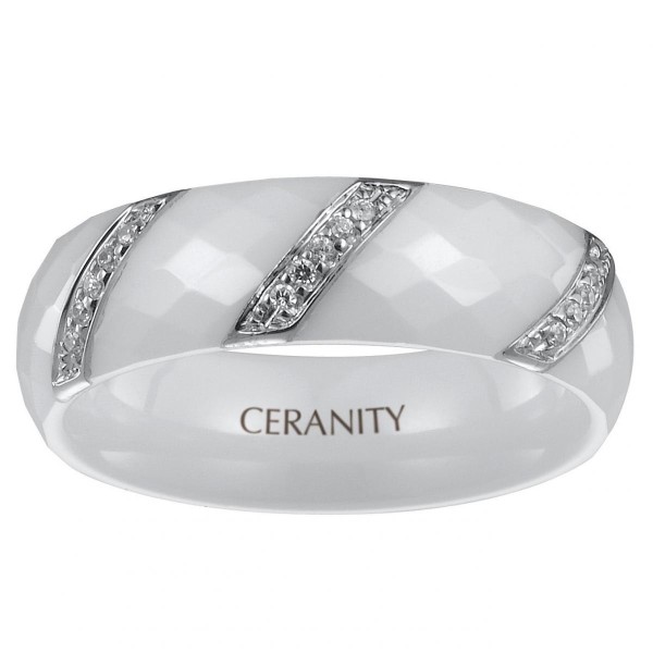 Bague Ceramique Blanche Facettée, Trois Barrettes Argent et Oxydes de Zirconium