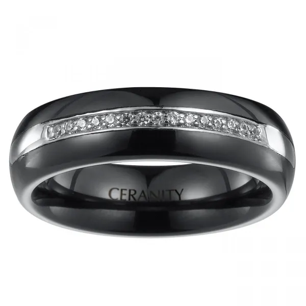 Bague Ceramique Noire Lisse, Anneau Argent tour complet et demi-tour et Oxydes de Zirconium