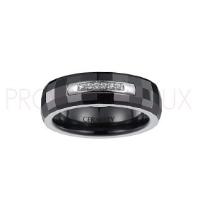 Bague Céramique Noire - Facettée - Demi Rail Argent/Oxydes -