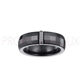 Bague Céramique Noire - Facettée - Barrette Argent/Oxydes -