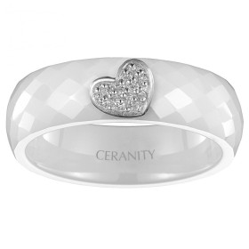 Bague Ceramique Blanche Facettée, Coeur Plein Argent et Oxydes de Zirconium