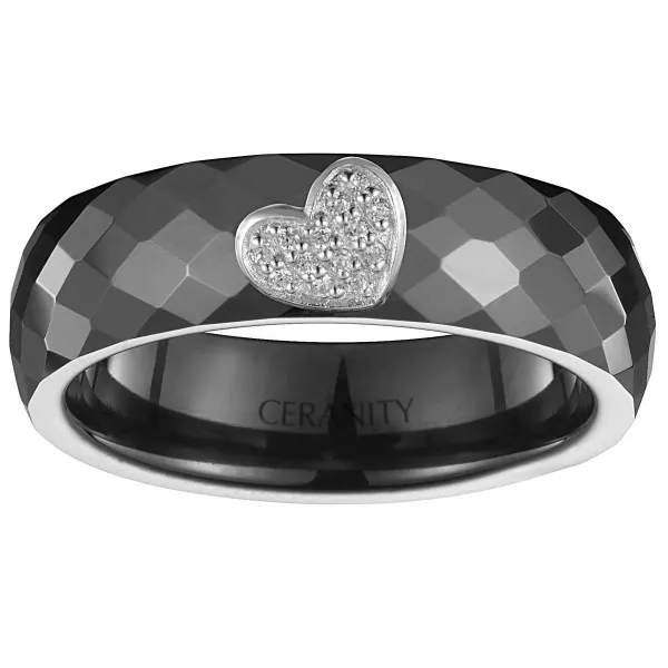 Bague Ceramique Noire Facettée, Coeur Plein Argent et Oxydes de Zirconium