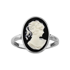 BAGUE ARGENT RHODIE CAMEE RESINE OVAL NOIR ET BLANC 10X14MM 064981N
