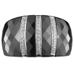 Bague Bombée Ceramique Noire Facettée, Trois Rails Argent et Oxydes de Zirconium