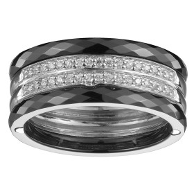 Bague Ceramique Noire Facettée, Anneau Argent Tour Complet et Demi-tour Oxydes de Zirconium