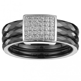 Bague Ceramique Noire Facettée, Carré Argent et Oxydes de Zirconium