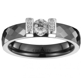 Bague Ceramique Noire Facettée, Solitaire et Barettes Argent et Oxydes de Zirconium