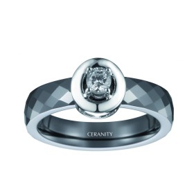 Bague Solitaire Ceramique Noire Facettée, Argent et Oxydes de Zirconium