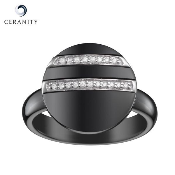 Bague Pastille Céramique Noire Lisse, Deux Rails Argent et Oxydes de Zirconium