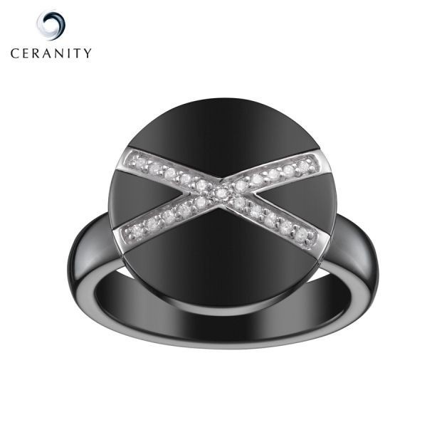 Bague Pastille Céramique Noire Lisse, Deux Rails Croisés, Argent et Oxydes de Zirconium