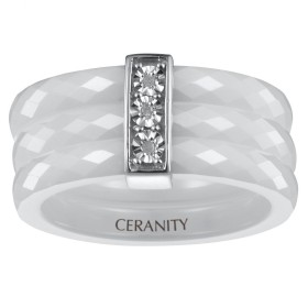 Bague trois Anneaux Ceramique blanche Facettée, Barrette Argent et Trois Diamants