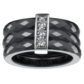 Bague trois Anneaux Ceramique Noire Facettée, Barrette Argent et Trois Diamants