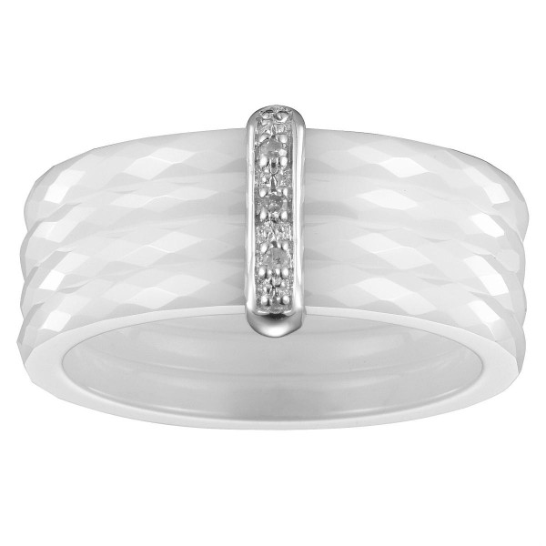 Bague quatre Anneaux Ceramique blanche Facettée, Barrette Argent et Trois Diamants