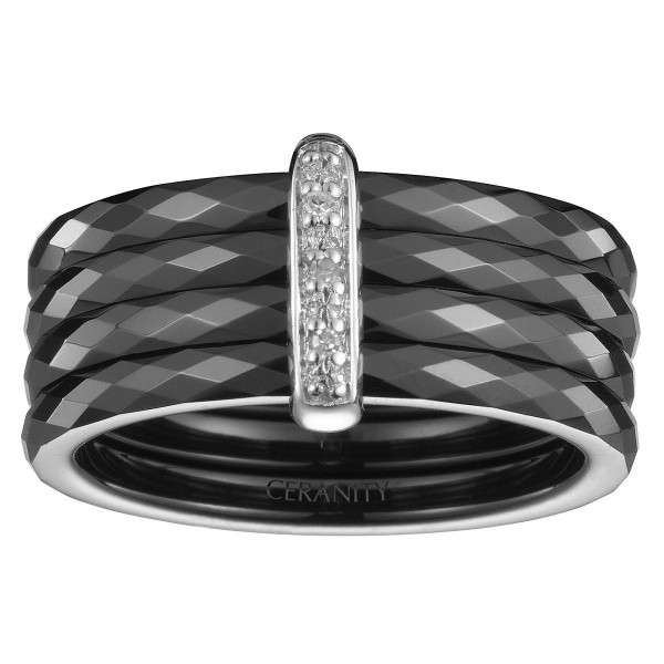 Bague quatre Anneaux Ceramique Noire Facettée, Barrette Argent et Trois Diamants