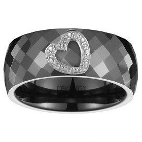 Bague Ceramique Noire Facettée, Coeur Ajouré Argent et Oxydes de Zirconium