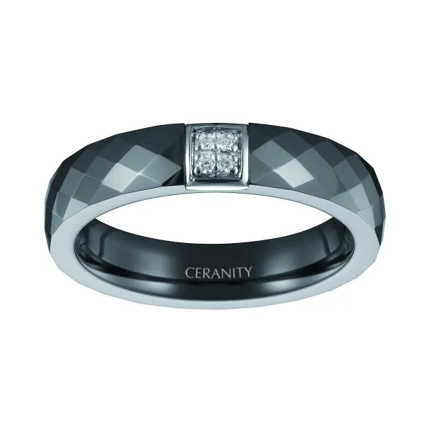 Bague Ceramique Noire Facettée, Carré Argent et Oxydes de Zirconium