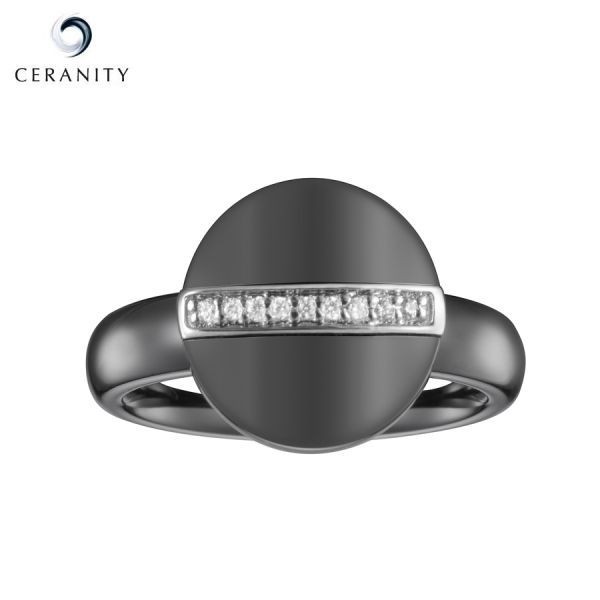 Bague Pastille Céramique Noire Lisse, Rail Argent et Oxydes de Zirconium