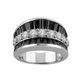 BAGUE ARGENT RHODIE INCURVEE 1 RANG PIERRES RONDES BLANCHES SYNTH ET 2 RANGS PIERRES RECT NOIRES SYNTH 065626N